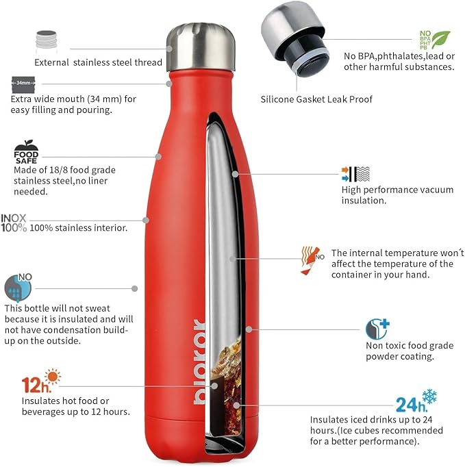BJPKPK 17oz Insulated Stainless Steel Water Bottles Travel Sports Water Bottles BPA Free,Red