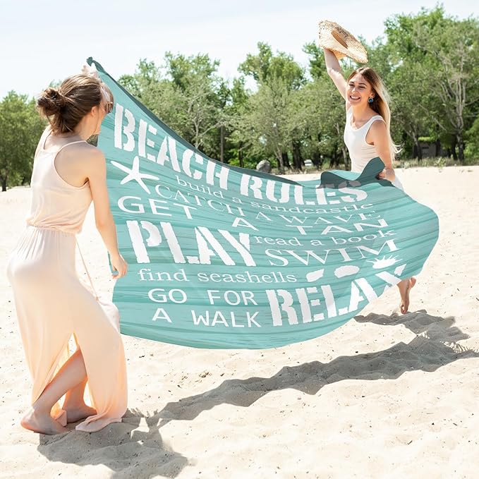 Beach Rules Pocket Picnic Blankets, Blue Seashell Coastal Mini Beach Camping Blanket Waterproof Sandproof, Rustic Sea RV Outdoor Picnic Blanket Mat Gifts for Camper Campsite Travel 55x60in