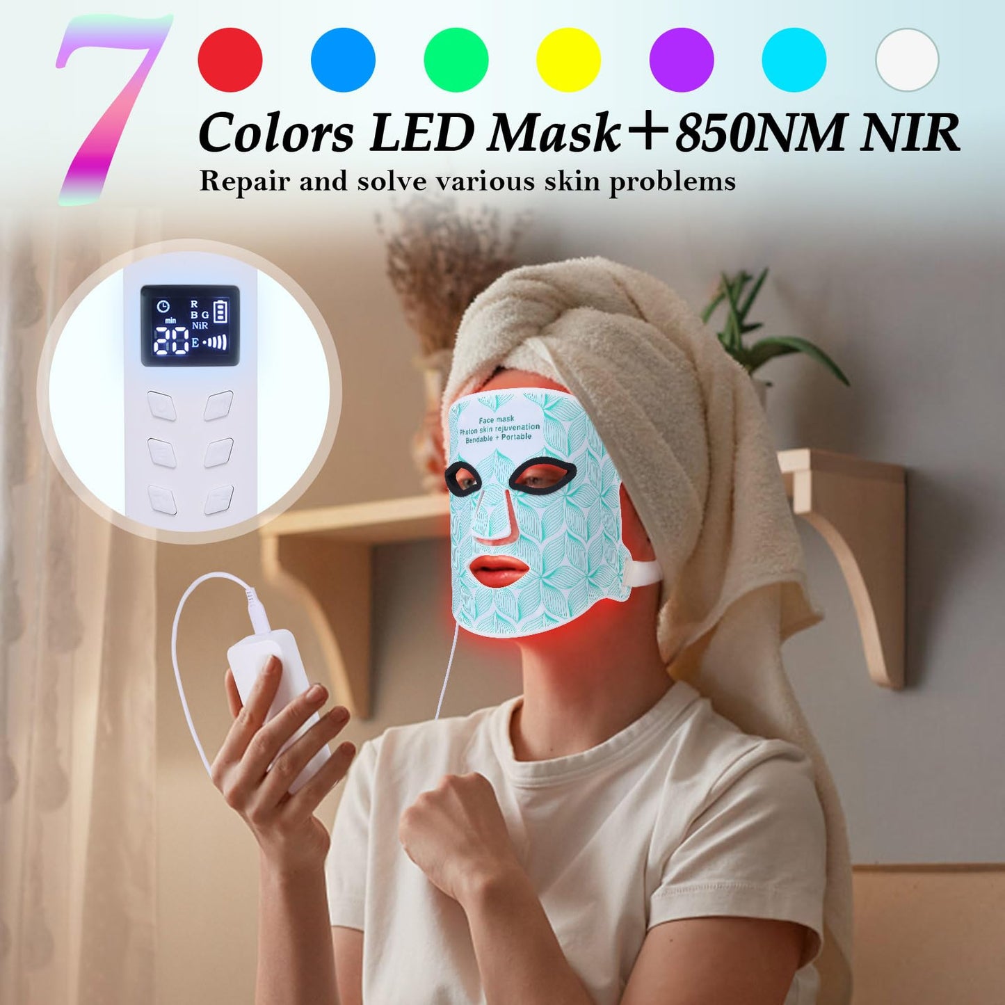 biuufish Red Light Therapy for Face, 7＋1 Colors LED Face Mask Light Therapy with 850NM Near-infrared, Portable Rechargeable Red Light Therapy Mask Skin Care Device at Home and Travel for Anti-Aging