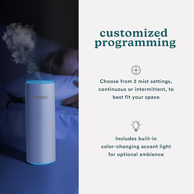 Homedics Portable Humidifier - Small Air Humidifiers for Bedroom, Plants, Office, Travel - Cool Mist Humidifiers, Color-Changing Accent Light, 2 Mist Settings, White