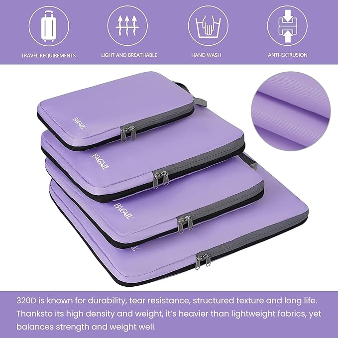 BAGAIL 4 Set/6 Set/8 Set Compression Packing Cubes Travel Accessories Expandable Packing Organizers(Lavender ClothPattern 4 Set)