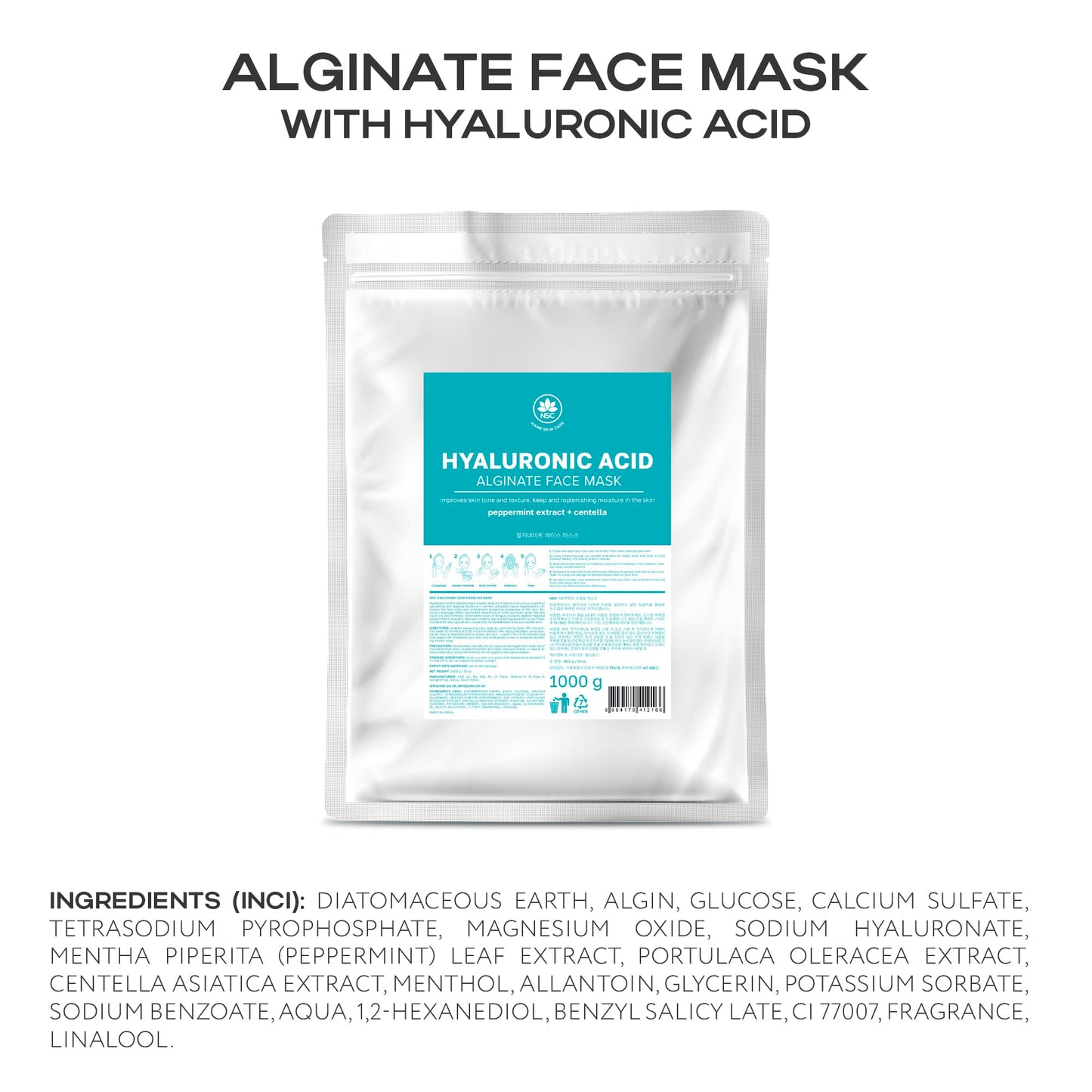 Name Skin Care Alginate Powder Face Mask with Hyaluronic Acid - 2.2lb, 40 Applications - Peel Off Korean Beauty Natural Fascial Skincare - Hydrating Moisturizing Exfoliating Brightening Peeling Kit