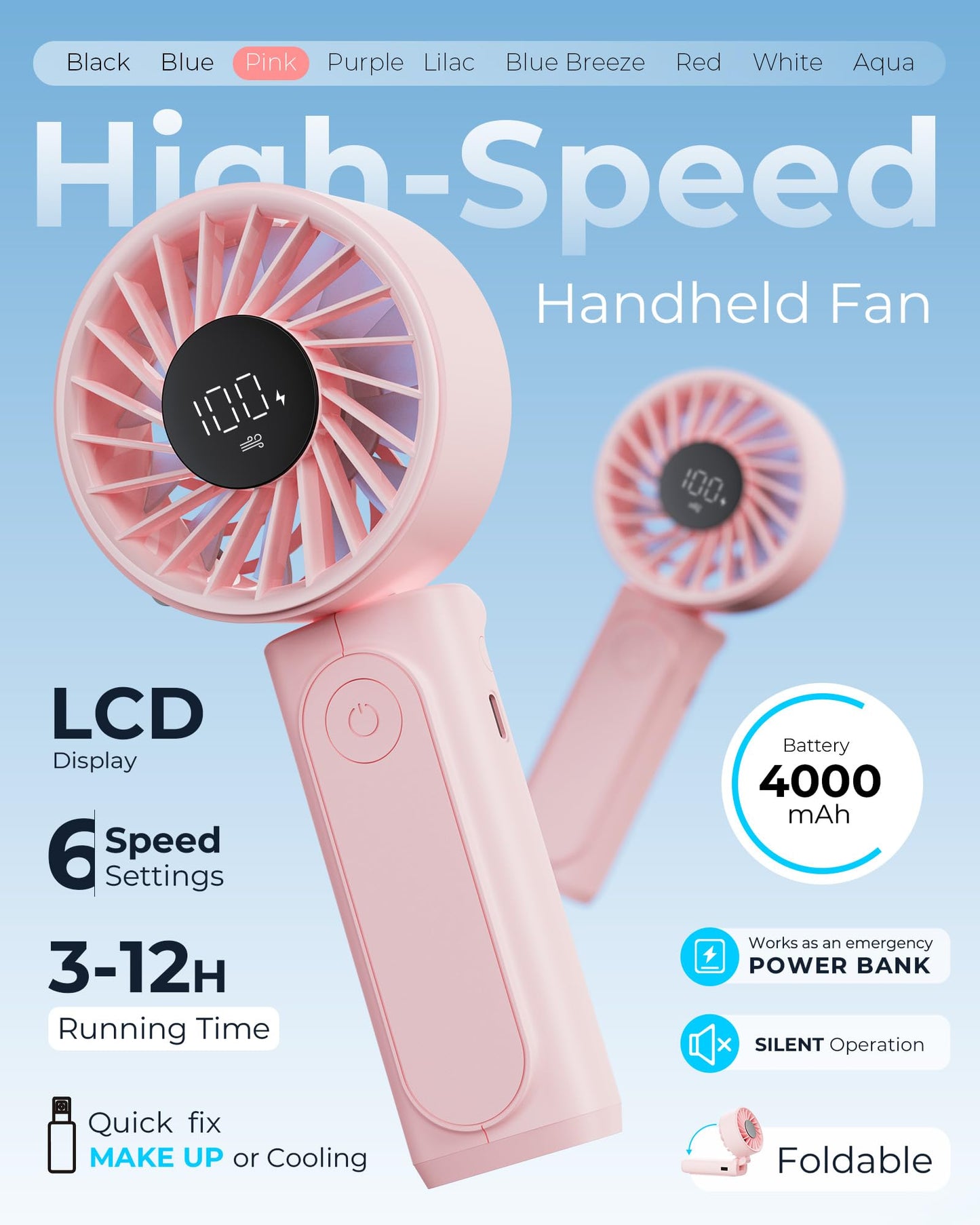 Handheld Portable Fan, 4000mAh USB Rechargeable Personal Fan, 180° Foldable Mini Desk Fan with 6 Wind Speed, LCD Digital Display, Lanyard as Neck Fan, Ultra Quiet