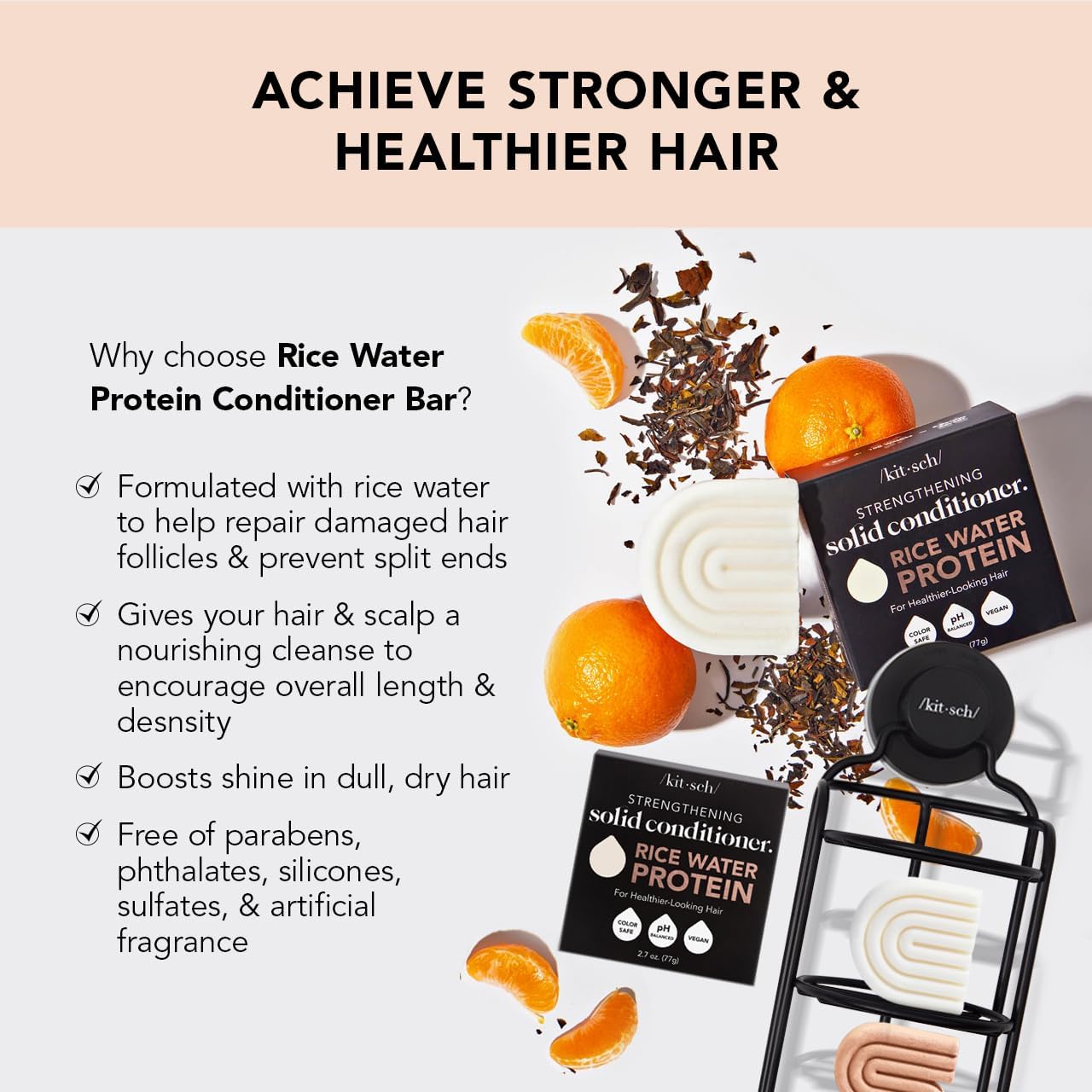 Kitsch Rice Water Shampoo & Conditioner Set – Solid Shampoo & Conditioner Bar with Protein for Hair Growth, Strengthening Hair & Damage Repair – Paraben, Sulfate & Silicone Free – 2 Pack