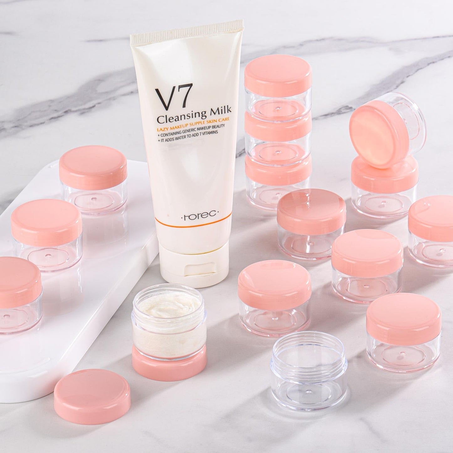 Refillable Cosmetic Sample Jars - 100 Pack 15g (0.5oz) Pink Small Travel Containers with Lids + 10 Mini Makeup Spatulas - BPA Free