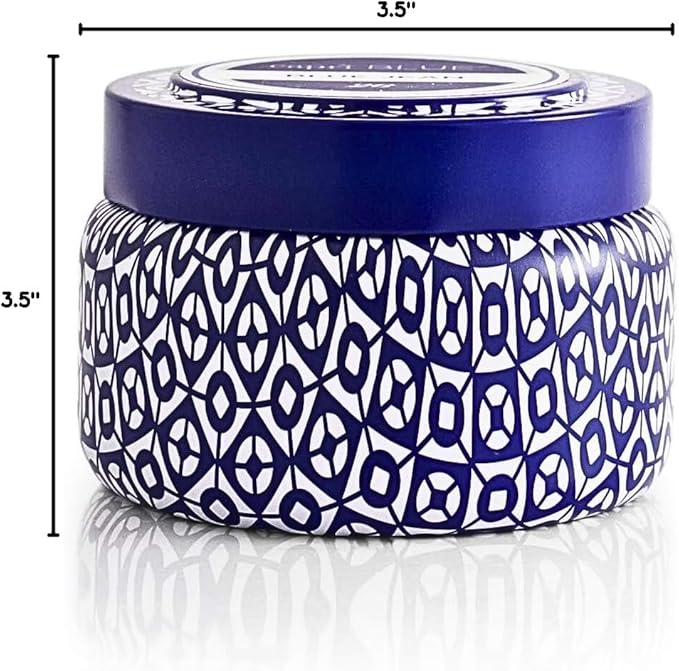 Capri Blue Printed Travel Tin Jar - Luxury Candle with a Soy Wax Blend - Scented Candles for Home with Notes of Citrus, White Musk & Patchouli (Blue Jean, 8.5 oz)
