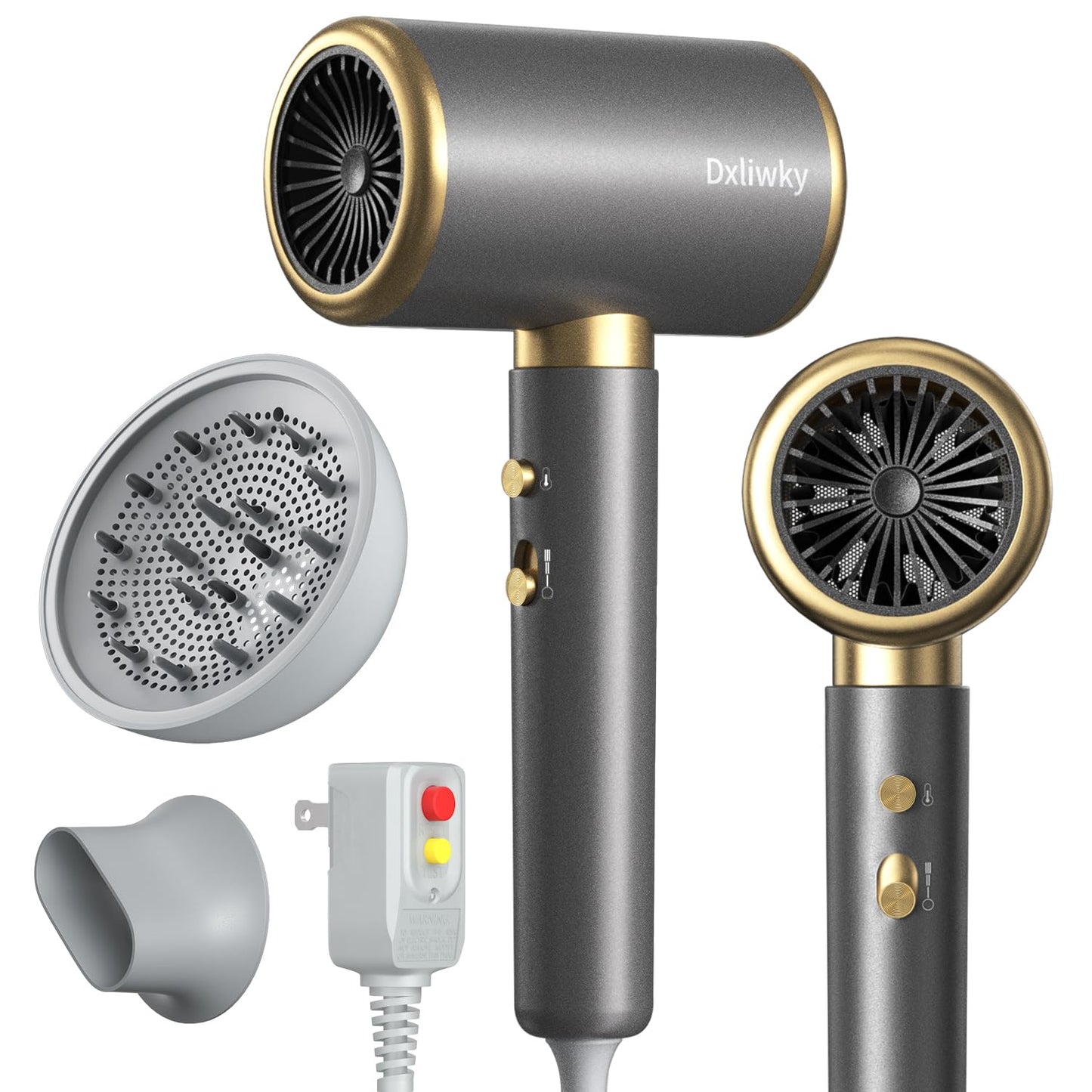 Dxliwky Ionic Hair Dryer with Diffuser and Concentrator, Powerful 1875W Fast-Drying Blow Dryer, Constant Temperature, Compact Lightweight Hair Dryer for Home Salon Travel (Silvery)