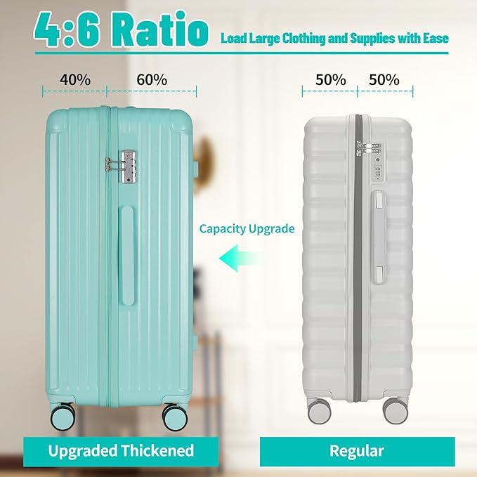 Carry-on 20 Inch and 28 Inch Square Thickened ABS+PC Hard Shell luggage, 2-Piece Suitcase Set with TSA Lock & Dual Zipper Mesh Inner Layer Design, Mint Green