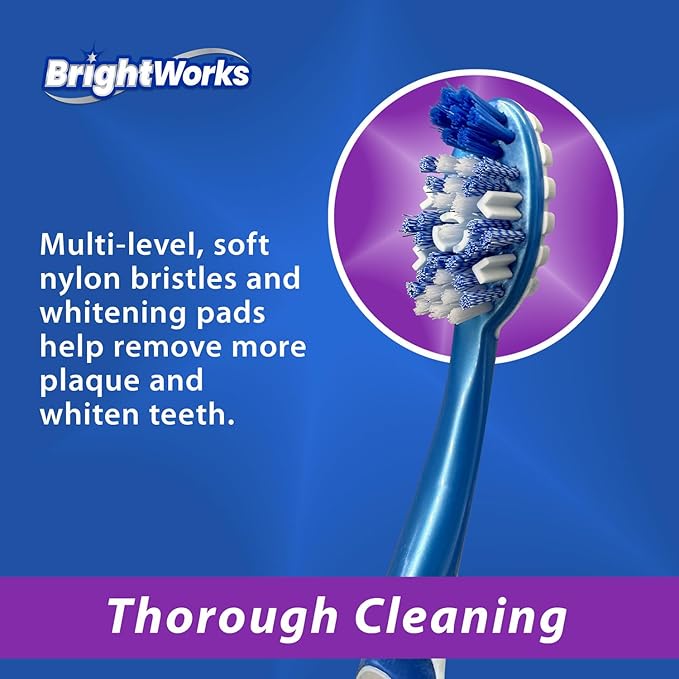 BrightWorks Sonic Battery Powered Toothbrush (2-Pack) (Blue/Purple) Soft Multi-Level Bristles for Whole Mouth, Vibrating Bristles Deep Clean, with Whitening Pads and Tongue Cleaner.