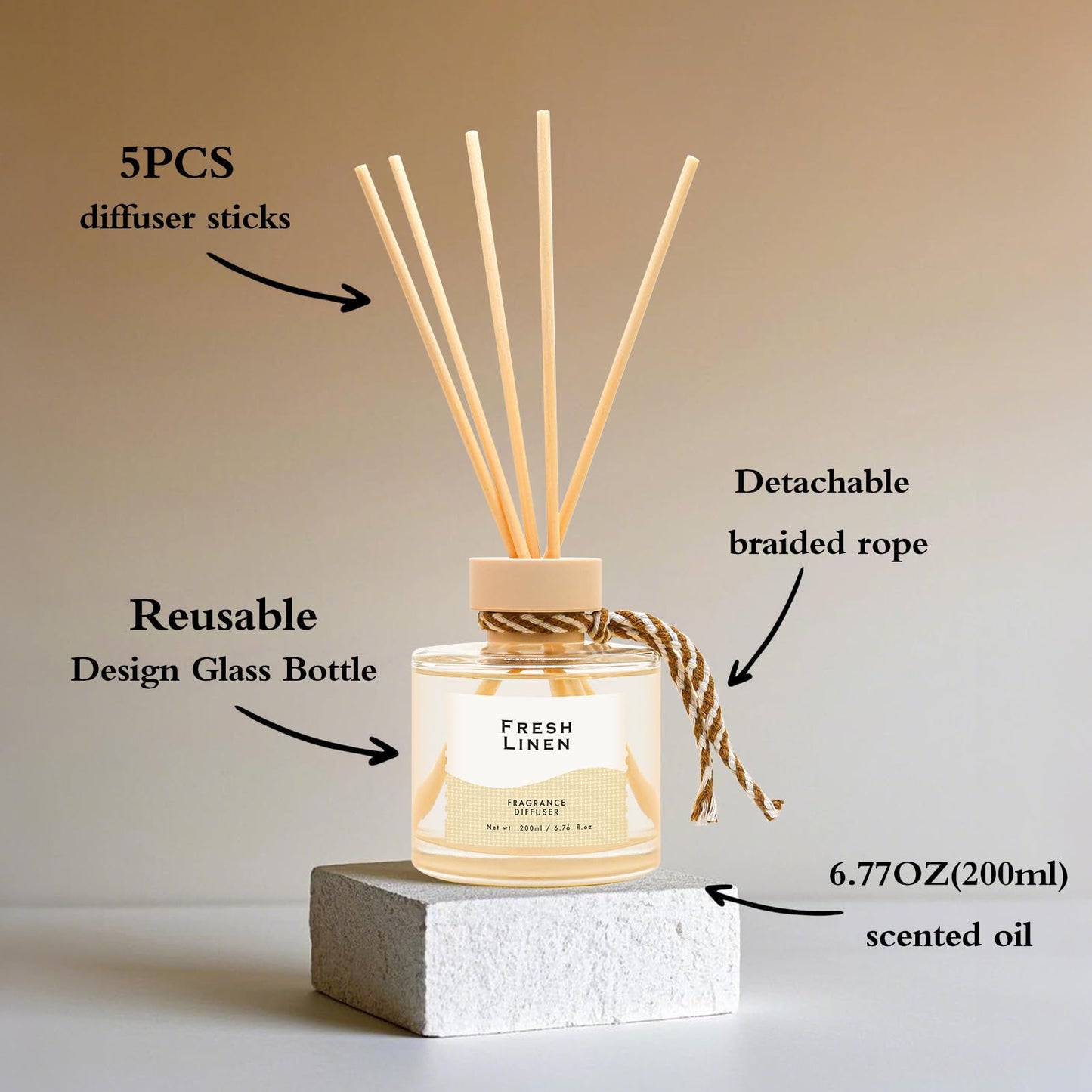 BEHAZEER Linen Reed Diffuser, 6.77OZ/200ML Large Capacity Natural Non-Toxic Oil, Long-Lasting Fragrance Reed Diffusers Set for Home and Bathroom, Aroma with 5 Reed Diffuser Sticks Gifts