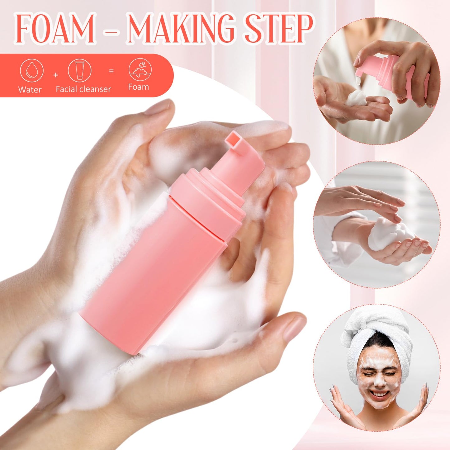 Teenyyou 50pcs Foam Pump Bottles 1oz/30ml Plastic Mini Empty Dispenser DIY Travel Face Cleanser Mousse Soap Foam Bottle Refillable Hand Soap Eyelash Shampoo Cosmetics Portable Travel Pack(Pink)