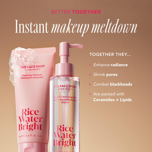 The Face Shop Rice Water Bright Vegan Double Cleanse Trial Set, Travel Size, Foaming Cleanser & Mini Cleansing Oil, Korean Skin Care, Gentle Face Cleanser & Pore Control, Moisturizing Makeup Remover