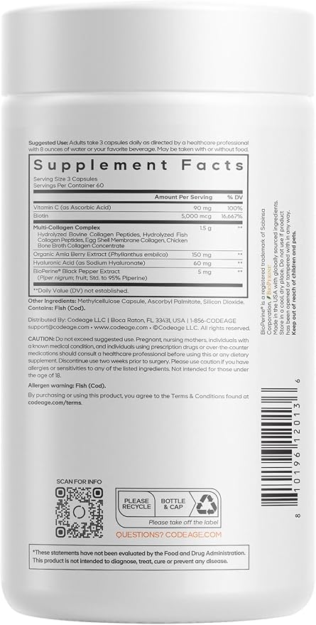 Codeage Multi Collagen+ Supplement with Vitamin C, Biotin 5000 mcg, Hyaluronic Acid, Amla Berry, BioPerine - 5 Types of Collagen Grass-Fed, Pasture-Raised - 2-Month Supply - Non-GMO - 180 Capsules
