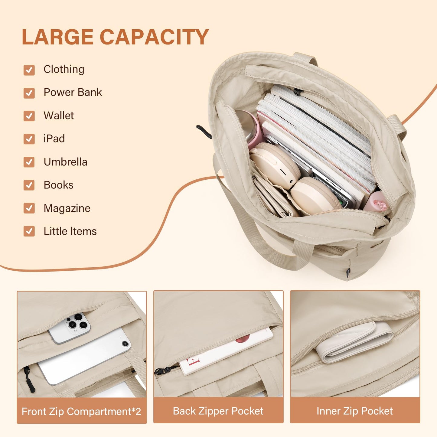 GOLF SUPAGS Foldaway Convertible Tote Backpack Lightweight Nylon Daypack for Women Men City Pack Versatile Backpack for Leisure Travel, Apricot