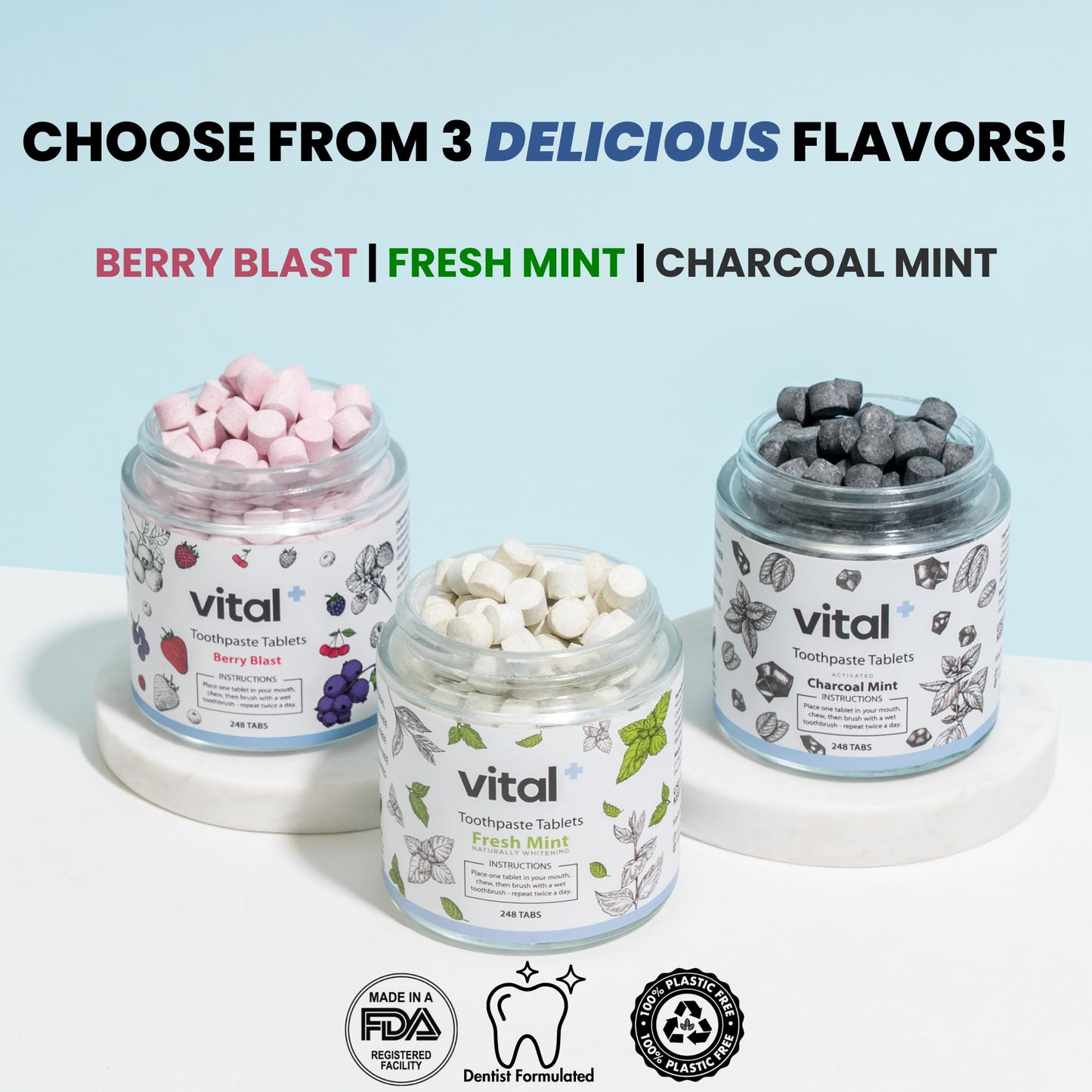 Vital Toothpaste Tabs with 7% Nano-Hydroxyapatite | Naturally Whitens + Remineralizes Teeth | Fluoride & Plastic Free | Combats Sensitivity | Travel & Eco Friendly | Fresh Mint | 62 Tablets (1 Month)