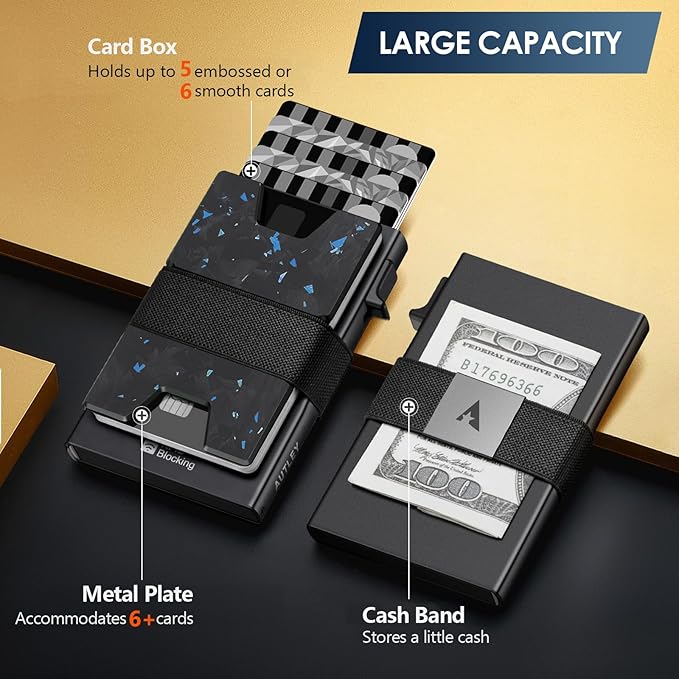 AUTLEY Slim Card Holder, Minimalist Pop Up Wallet for Men, RFID Blocking Mens Wallet with Cash Band (Blue Spot Carbon Fiber)