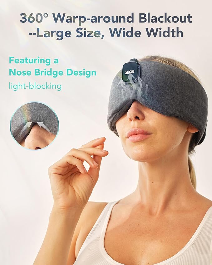 SKG White Noise Machine Eye Mask - 100% Light Blocking Sleep Mask, 27 Soothing Sounds, 3D Surround, 12H Battery Life, Portable & Easy Storage, Noise Canceling for Office & Sleeping