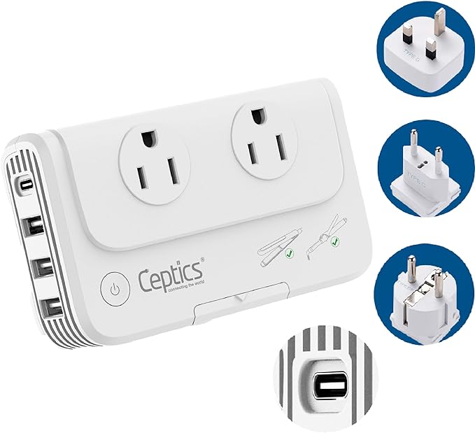 Ceptics European Travel Voltage Converter, 200W Adapter for Curling Iron, Straightener, Charger, Step Down World Power Plug - 4 USB PD 18W Fast Charging - SWadApt Compatible - Type C, E/F, G Included