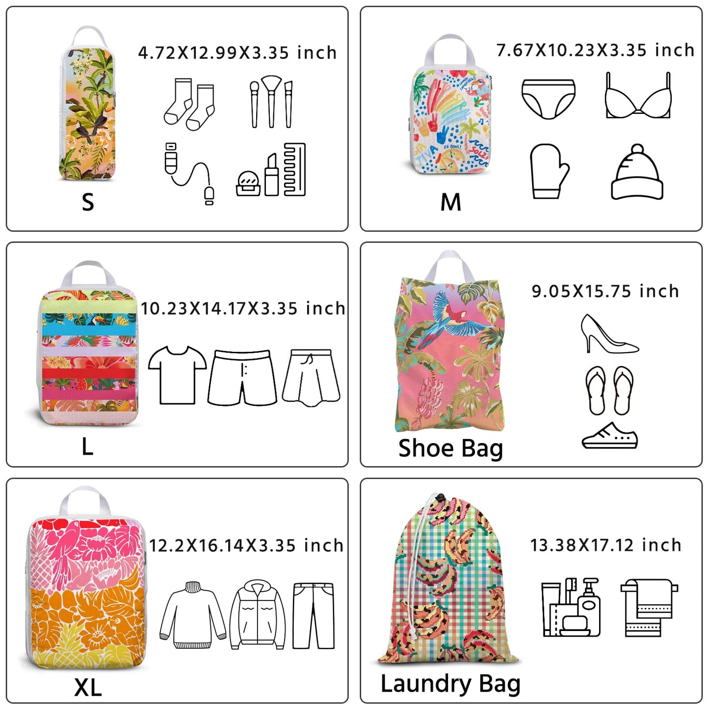 6 Pcs Compression Packing Cubes Waterproof Suitcase Travel Bag Luggage Backpack Organizer Travel Cubes for Packing-Tropical Banana