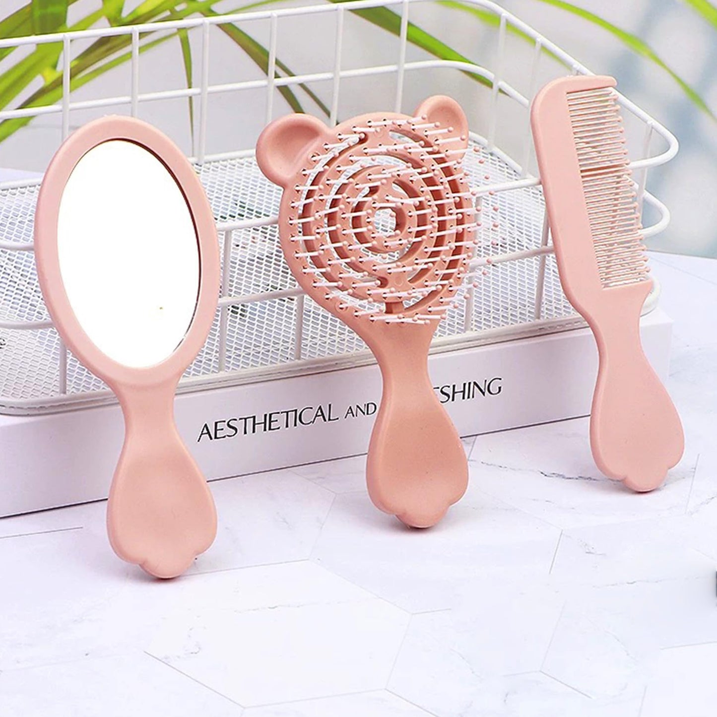 4 Pieces Mini Hair Brush Hair Comb Set For Women Girls Kids Toddler Small Travel Hair Combs Brushes Handheld Mirror Set Detangling Comb Massage HairBrush with Air Cushion (Pink)