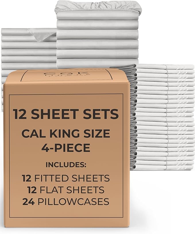 Bulk Case Pack of 12 Sheet Sets - (12) Complete Cal King Size Sheet Sets w/Deep Pockets - Wholesale Bulk Bedding for Hotels, Spas & Airbnbs - Breathable, Soft & Wrinkle Free - (Cal King, French Grey)