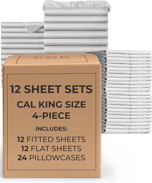 Bulk Case Pack of 12 Sheet Sets - (12) Complete Cal King Size Sheet Sets w/Deep Pockets - Wholesale Bulk Bedding for Hotels, Spas & Airbnbs - Breathable, Soft & Wrinkle Free - (Cal King, French Grey)