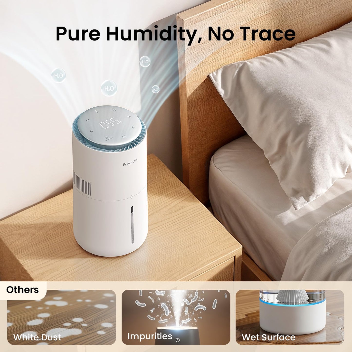 Provirtec MistFree Evaporative Humidifier for Bedroom, 3L No White Dust for Sensitive Individuals & Kids, Auto Humidity Control, Ultra Quiet Sleep Mode, Easy Clean Tank for Office & Small Room HC13