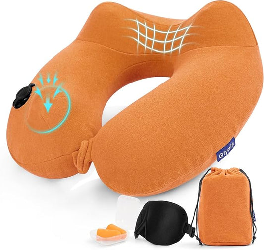Inflatable Travel Neck Pillow for Airplane, Head Support Velvet Adult Neck Pillow for Long Flight, Kit with Eye Mask, Earplugs and Storage Bag,1, Orange
