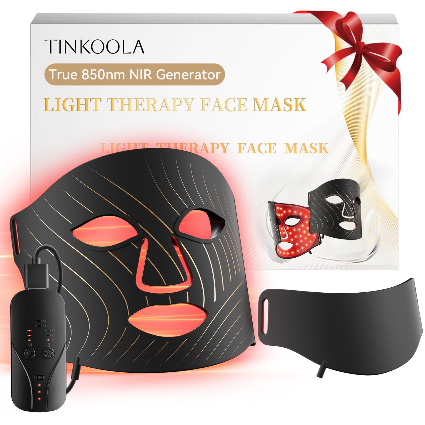 tinkoola Red Light Therapy for Face,LED Face Mask Light Therapy,LEDs Face Mask & Neck Mask Red Wavelength,Rechargeable Ergonomic Design for True Skincare at Home (Black)