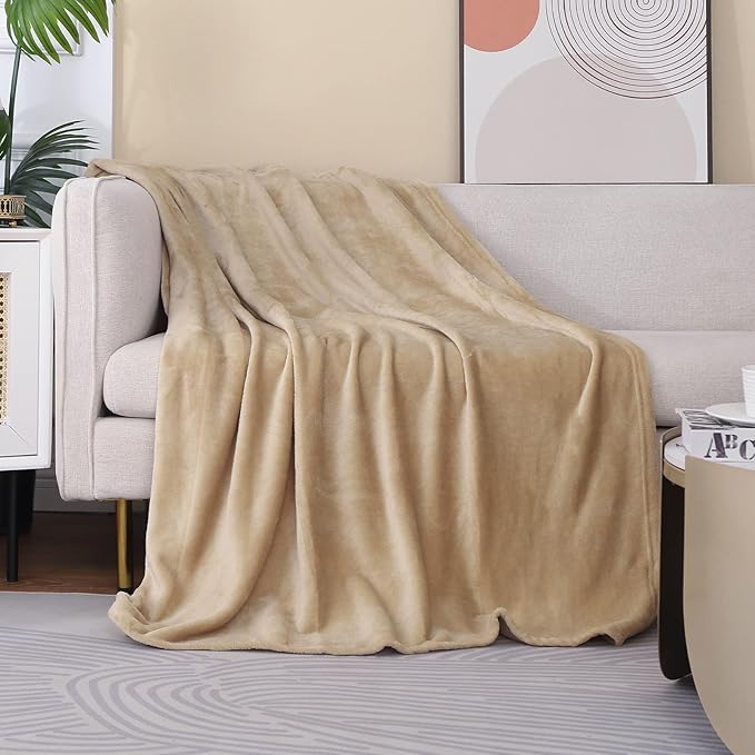 JIAHANNHA Flannel Fleece Blanket Throw Size(60 by 80 Inches),Beige Throw Blanket for Couch Sofa Bed 280GSM,Super Soft Plush Cozy and Lightweight Warm Bed Blanket for All Season
