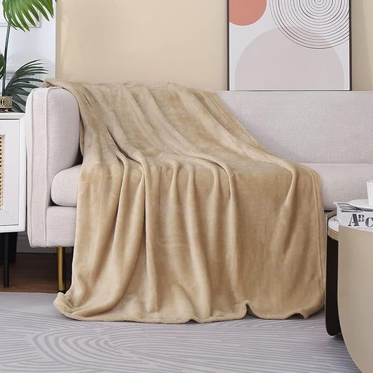JIAHANNHA Flannel Fleece Blanket Throw Size(60 by 80 Inches),Beige Throw Blanket for Couch Sofa Bed 280GSM,Super Soft Plush Cozy and Lightweight Warm Bed Blanket for All Season