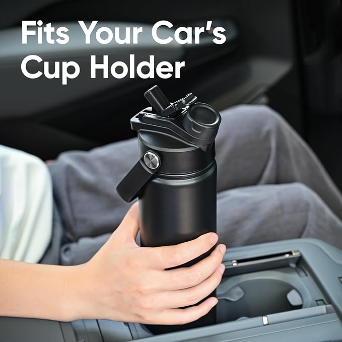 24 oz Insulated Water Bottle, 2-in-1 Lid, Straw & Spout with Protected, Leak Proof, Keep Cold, Stainless Steel, Metal, Reusable, Handle, for Travel, Gym and School, 2 Lids, Midnight Black