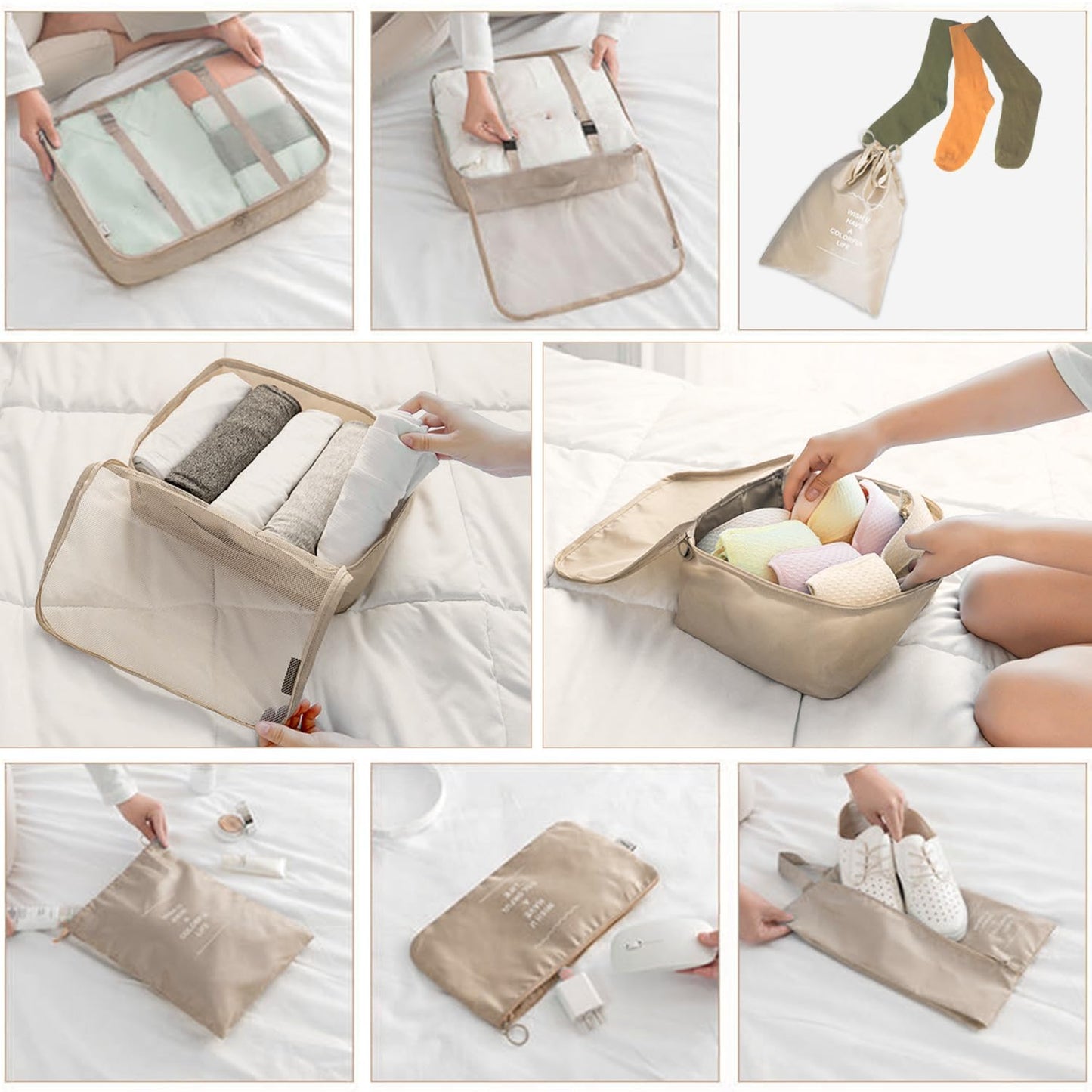 8 Pieces Mesh Packing Cubes for Travel, Luggage Packing Organizers Bags Set, Travel Essentials Suitcases Accessories with Laundry Bag, Storage Shoe Bag, Clothing Underwear Bag (Cream, 8 set)