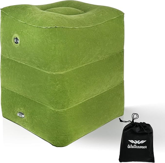 Inflatable Foot Rest Pillow for Travel, Adjustable 3 Layers Height Cushion Kids/Adults Airplane Travel Pillow, Suitable for Office, Home, Trains, Cars - Green