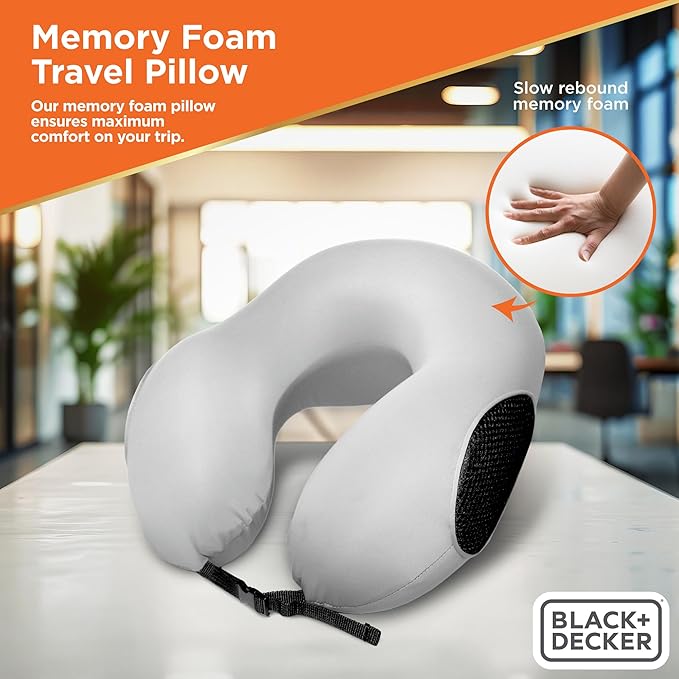BLACK+DECKER Memory Foam Travel Neck Pillow Travel Pillow for Plane, Car & Train| Ice Silk Cooling Fabric, Ergonomic Design, Neck Support, Washable Cover,Grey