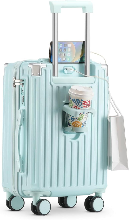 20 Inch Carry On Luggage With Cup Holder & USB Port, Airline Approved TSA-locked Luggage, Lightweight PC Material Travel Suitcase With 360° Spinner Wheel (20in-Blue, 20in)