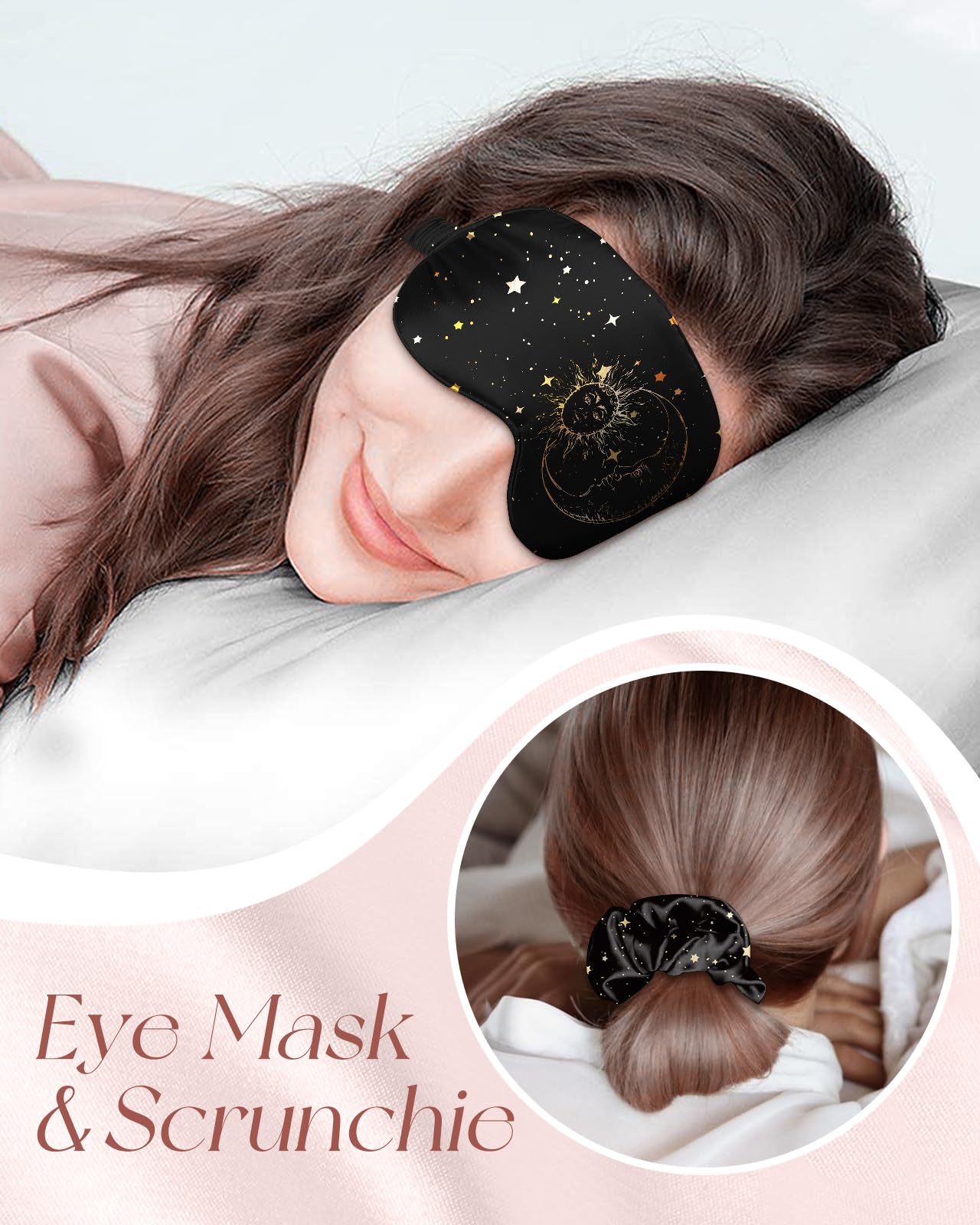 Miss Adola Silk Bonnet for Women - Mulberry Silk Sleep Cap for Hair Care with Eye Mask & Scrunchie 19 Momme Night Cap Sleeping Set with Elastic Stay On Head, Black Sun Moon