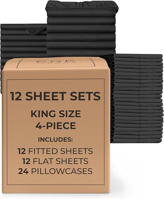Bulk Case Pack of 12 Sheet Sets - (12) Complete King Size Sheet Sets with Deep Pockets - Wholesale Bulk Bedding for Hotels, Spas & Airbnbs - Breathable, Cooling, Soft & Wrinkle Free - (King, Black)