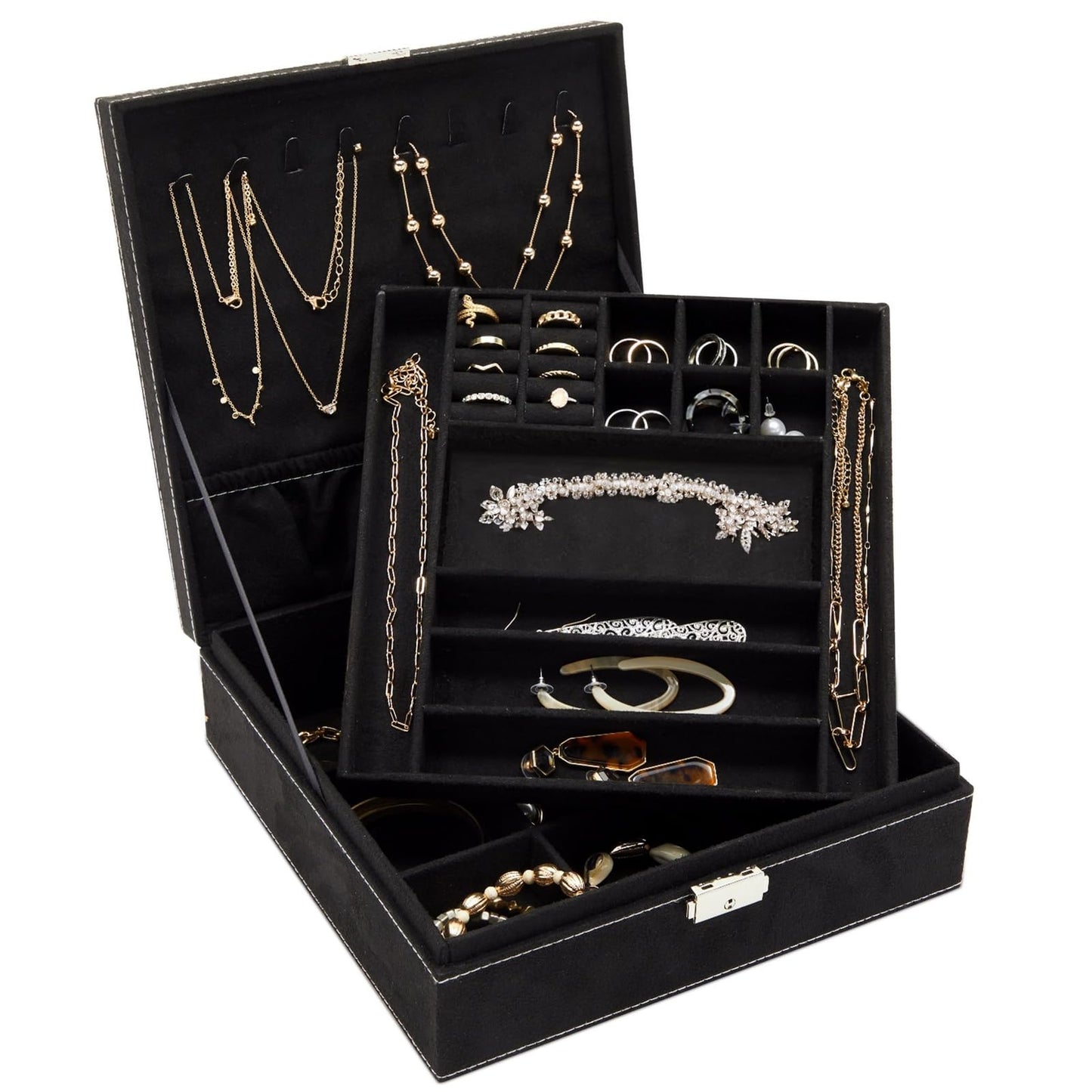 Juvale Jewelry Box for Men - 10.5 x 10.5 x 3.5 in, Black Velvet - Locking 2-Layer Travel Jewelry Organizer & Earring Holder, Necklace Organizer & Decorative Tray