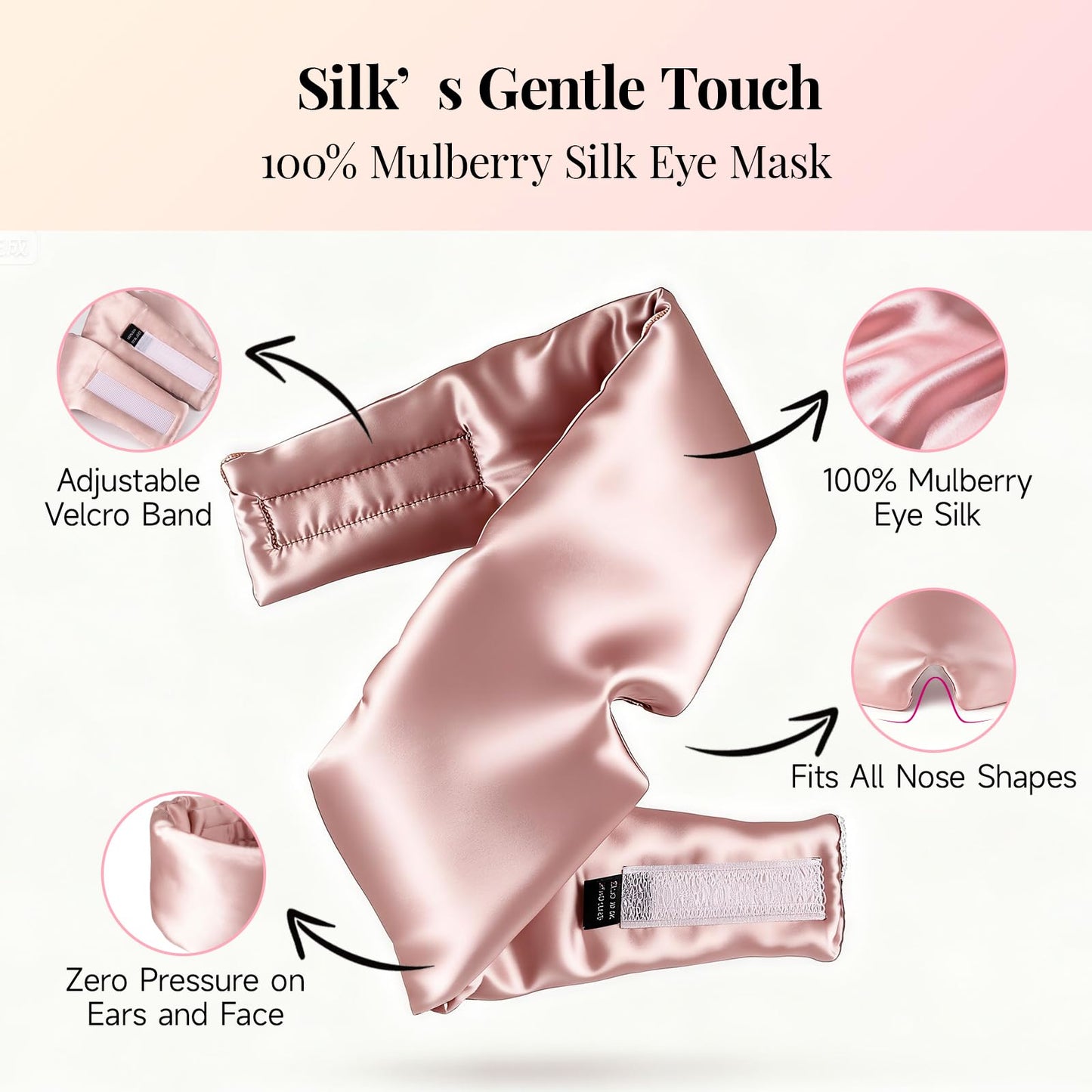 Mulberry Silk Sleep Mask for Men & Women - 100% Light Blocking Blackout Eye Mask for Side Sleepers, Adjustable Fit for All Heads, Soft Zero Pressure Comfort, Unisex Travel Eye Cover(Pink)