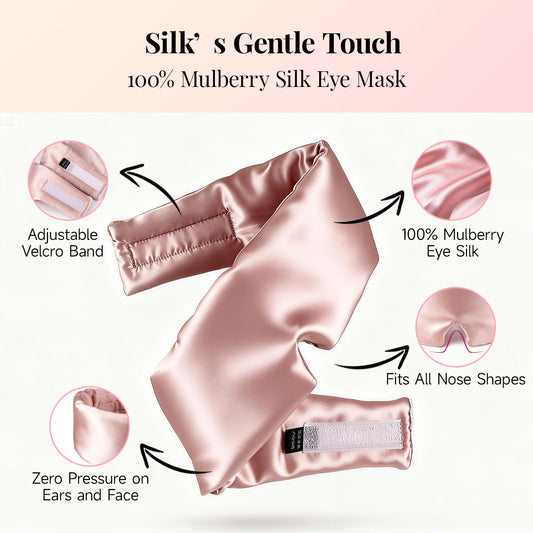Mulberry Silk Sleep Mask for Men & Women - 100% Light Blocking Blackout Eye Mask for Side Sleepers, Adjustable Fit for All Heads, Soft Zero Pressure Comfort, Unisex Travel Eye Cover(Pink)