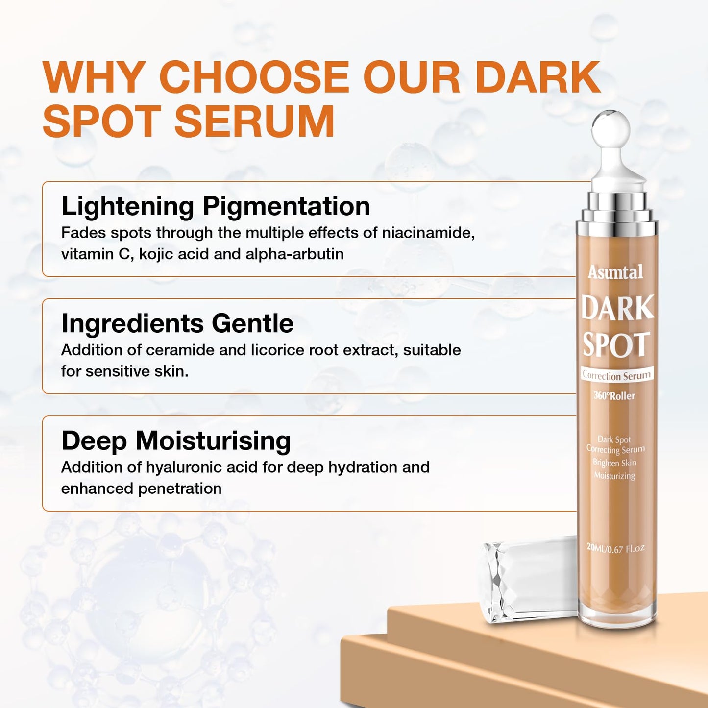 Asumtal Dark Spot Remover For Face Skin Care Serum, Age Brown Sun Freckles Spot Remover, Dark Spot Corrector For Face with Massage Roller (0.67 Fl Oz)