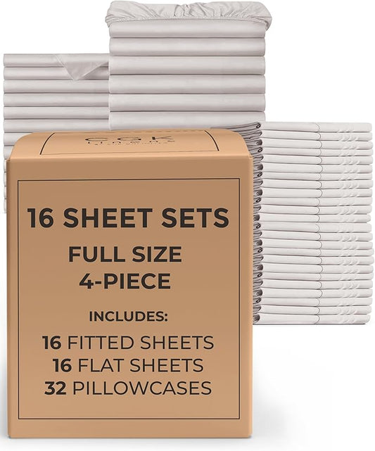 Bulk Case Pack of 16 Sheet Sets - (16) Complete Full Size Sheet Sets with Deep Pockets - Wholesale Bulk Bedding for Hotels, Spas & Airbnbs - Breathable, Cooling and Wrinkle Free - (Full, Light Grey)
