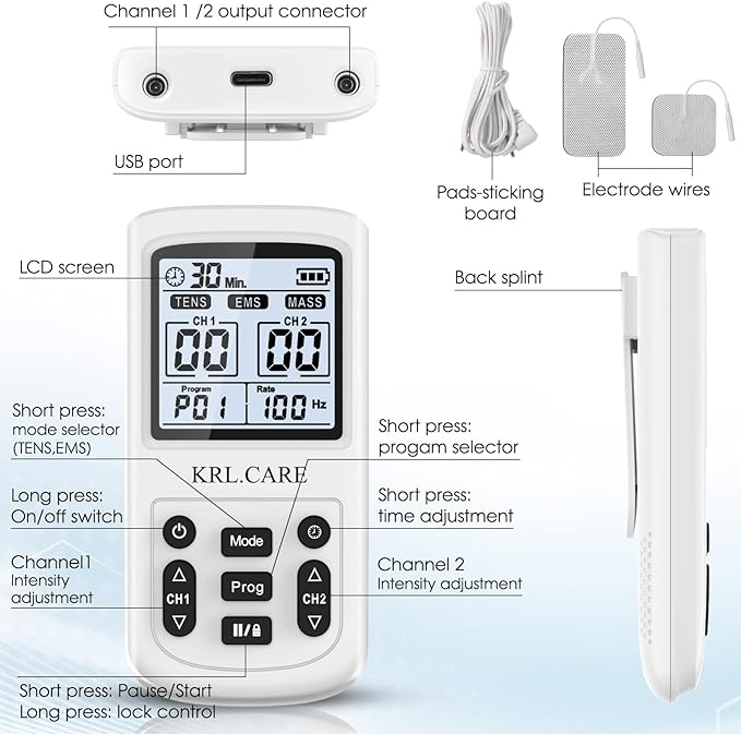 3-in-1 TENS Unit Muscle Stimulator, EMS Massage Machine with 40 Intensities for Gradual Shoulder, Sciatica, Back Pain Relief, Muscle Recovery, 28 Modes Portable Dual Channel with 8 Electrodes Pads