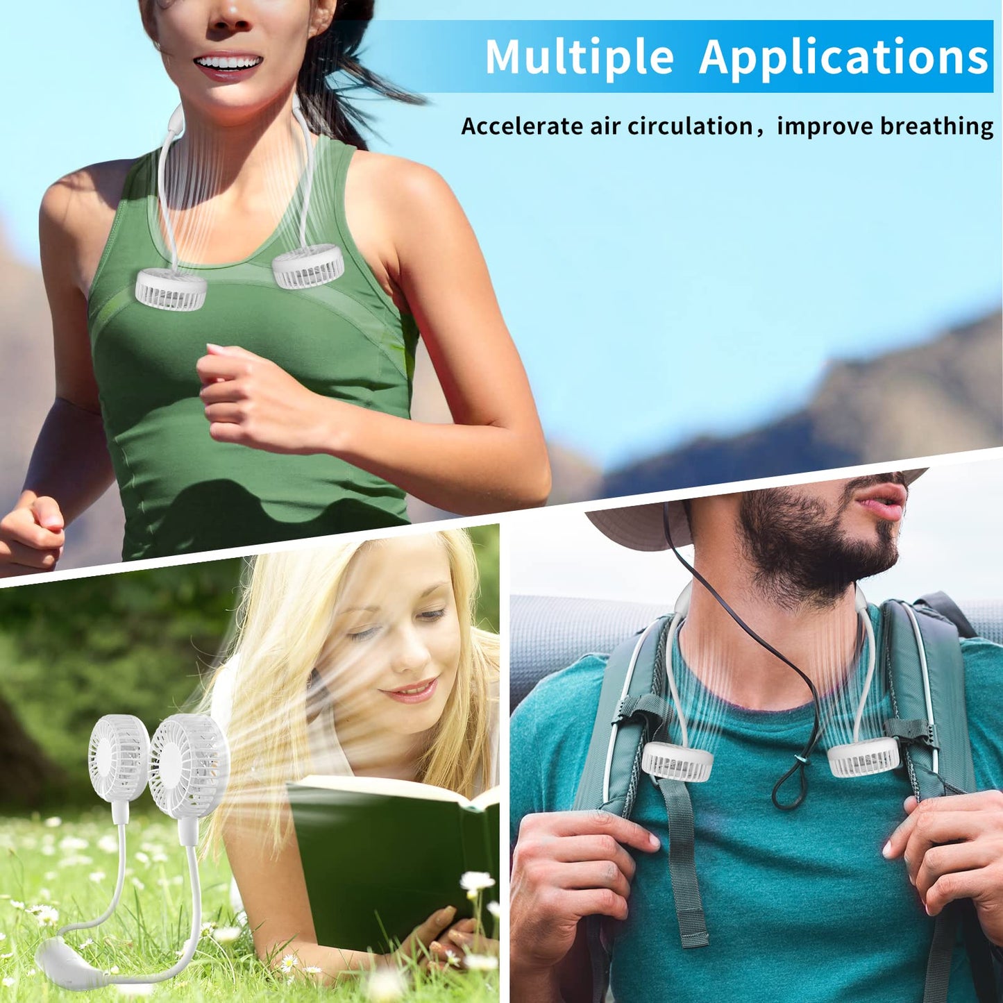 HandFan 5000mAh Neck Fan, 26H Longest Runtime - 6 Speeds Visible Blades Portable Fan, 360° Flex Neck for Gym Office Travel, Safety Grille & Hair Protection (White)