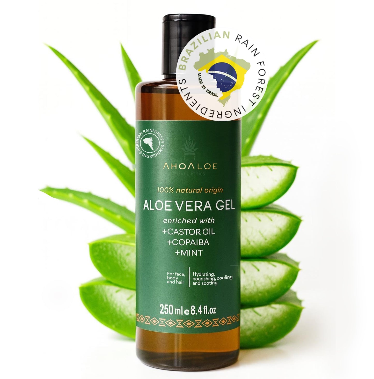 AHOALOE Brazilian Aloe Vera Gel - Multipurpose Moisturizing Natural Gel with Copaiba, Castor Oil and Fresh Mint and Natural for Face, Skin and Hair - After Sun Care, Sunburn Relief 8.4oz