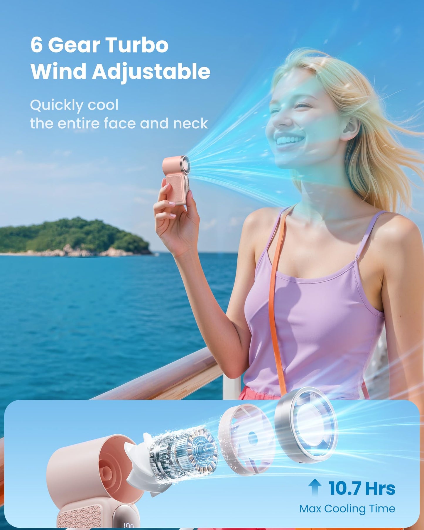 Gaiatop Portable Handheld Mini Fan, 6 Speeds 16900 RPM High Velocity Personal Fan with LED Display, USB Rechargeable, Mini Fan with Lanyard for Makeup, Travel, Outdoor, Gift for Women Girl, Pink