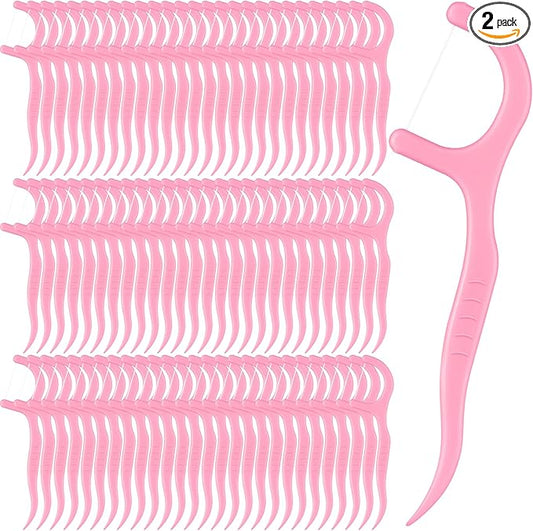 Baderke 200 Count Floss Picks Bulk Non Breakable Tooth Picks Flosser Dental Floss Sticks for Adults Teeth Cleaning Dental Flossers for Family Pack Travel(Pink)