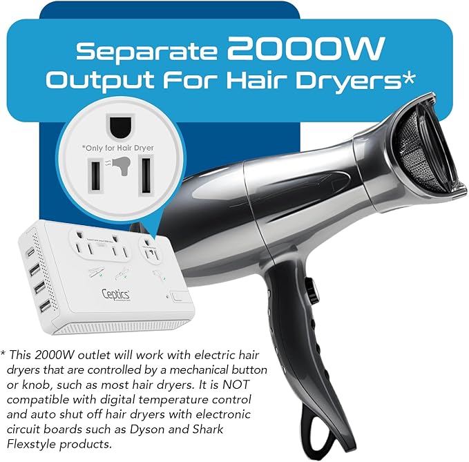 Ceptics 2000W Travel Voltage Converter for Hair Dryer & 200W Convert 220V to 110V for Curling Iron, Straightener, Chargers, Step Down World Power 4 USB Charging QC 3.0 SWadApt Type A, B, C, E/F, G, I