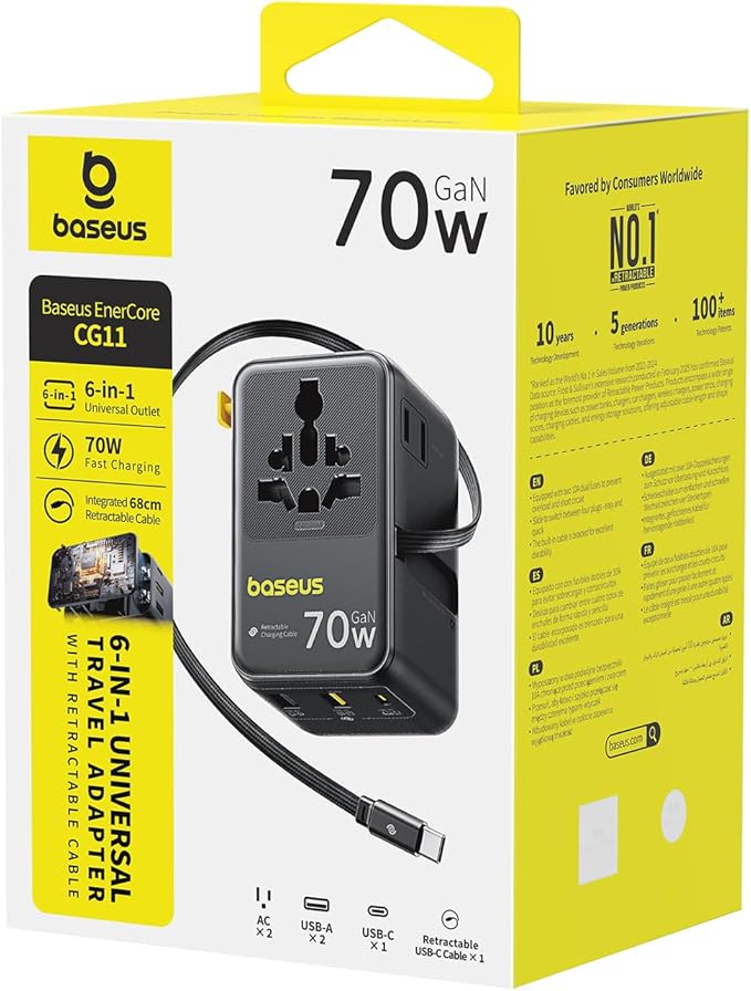 Baseus 70W Universal Travel Adapter with Retractable Cable, 6-in-1 International Plug Adapter, USB-C PD Fast Charging Worldwide Wall Charger for USA/EU/UK/AUS and Over 200 Countries - Enercore CG11